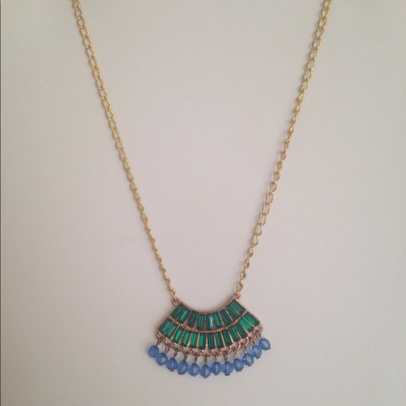 Boho Chic Gold, Emerald & Blue Fashion Necklace - Picture 6 of 8